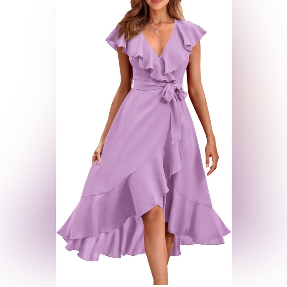 Lavender Ruffle Wrap Midi Dress with white belt - Women